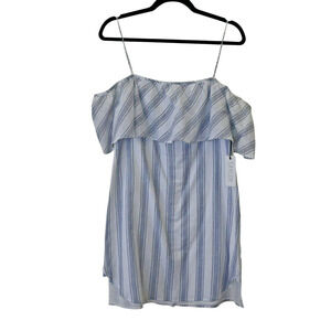 Saylor Off the Shoulder Dress Size Large White Blue Striped Cotton Above Knee